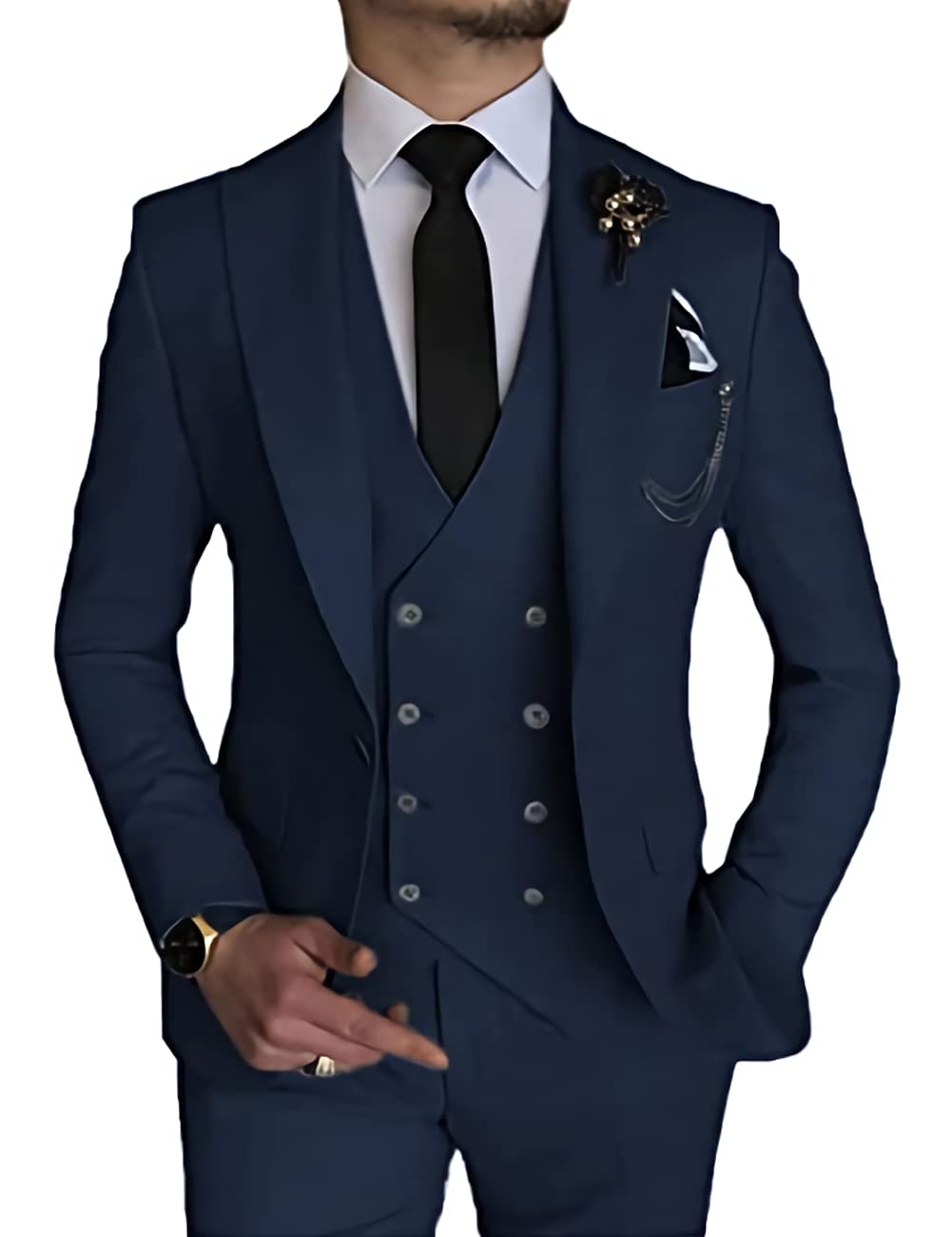 Slim Fit 3 Piece Suits for Men Set Formal Wedding Suit Double Breasted Vest Casual Dress Navy Suits Size 42 L